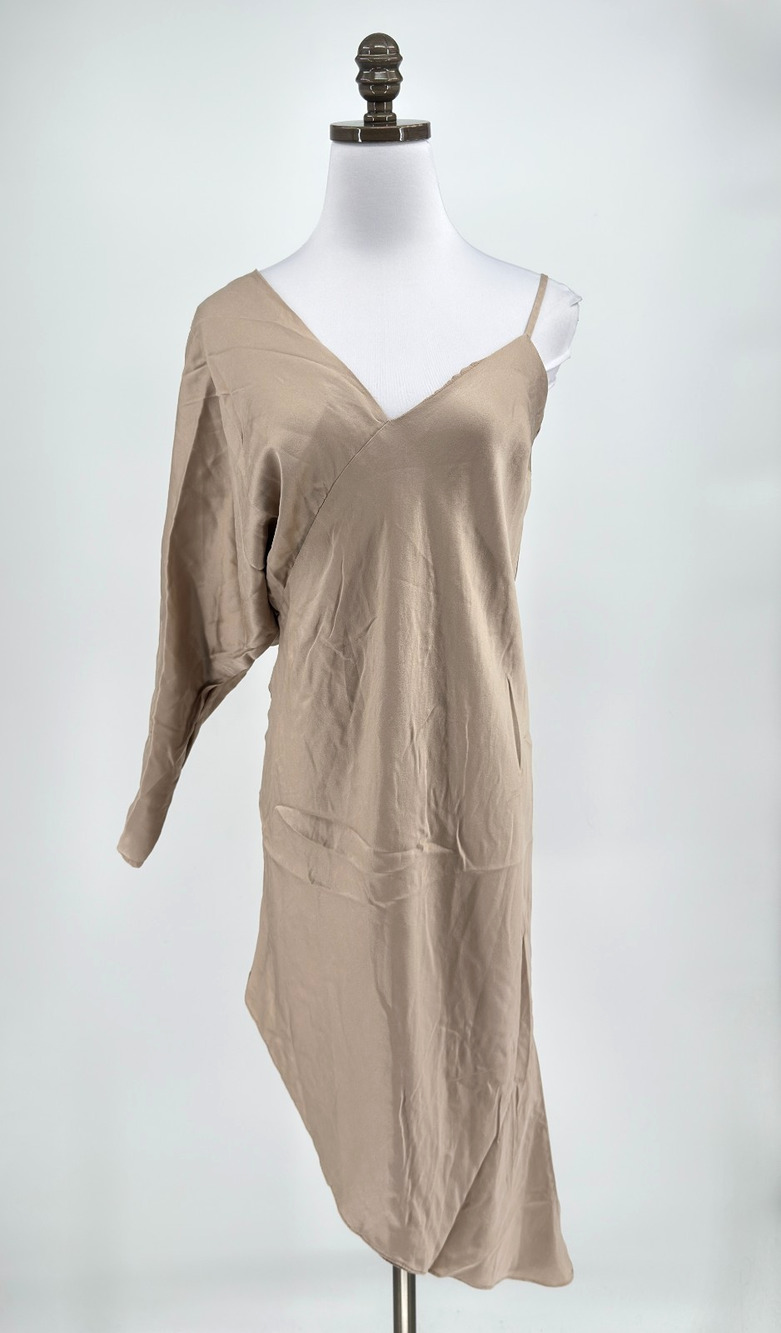 Michelle Mason Tan Silk V Neck One Shoulder Asymmetrical Hem Dress Sz 4 NEW